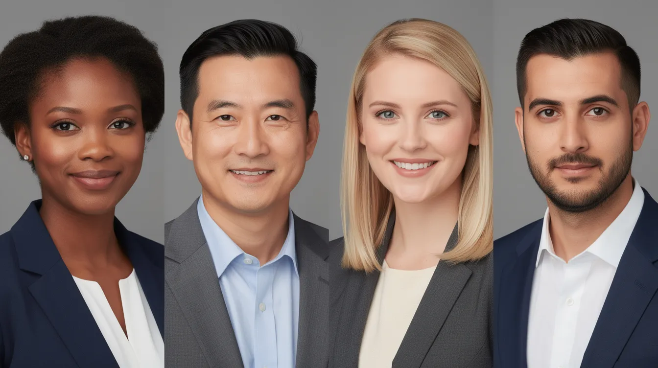 The image features side-by-side professional headshots of four diverse business professionals, each displaying a confident and approachable demeanor against a neutral gray background. This composition highlights their individuality while showcasing the importance of professional corporate headshots for marketing materials and personal branding.