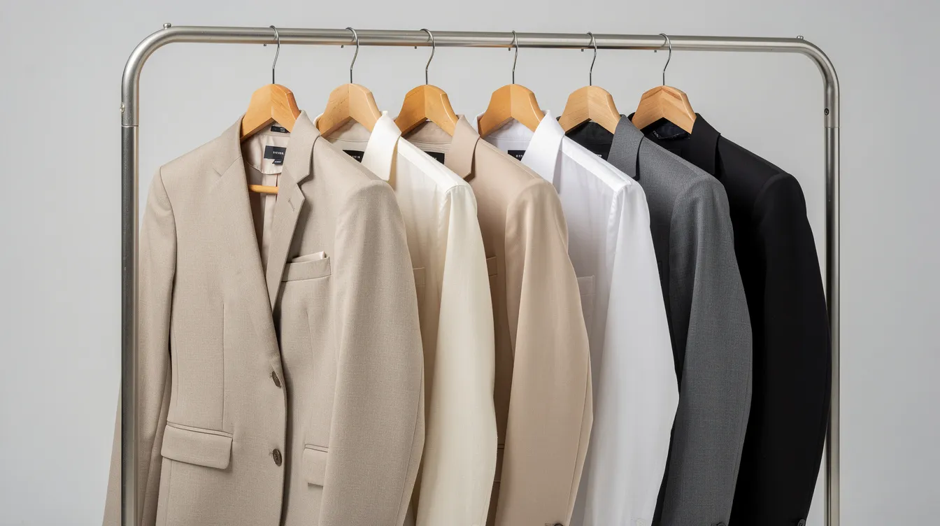 The image features neatly arranged professional outfits on hangers, including blazers and collared shirts in neutral tones, ideal for a company headshot day. These outfits are perfect for employees preparing for office headshots, ensuring they look confident and polished in their portraits.