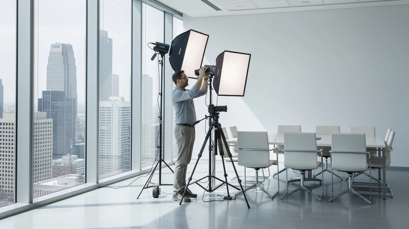A photographer is seen adjusting professional lighting equipment in a bright, modern conference room with large floor-to-ceiling windows that offer a stunning view of the New York City skyline. This setting is ideal for capturing authentic portraits and executive headshots, showcasing the professionalism and confidence of senior executives.