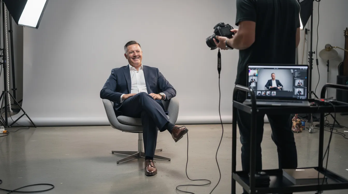 A relaxed executive is seated in a modern chair within a well-lit photography studio, smiling naturally as a headshot photographer reviews images on a tethered laptop nearby. This scene captures the essence of professional headshots, showcasing a confident posture that reflects the individual’s personal branding and professionalism.