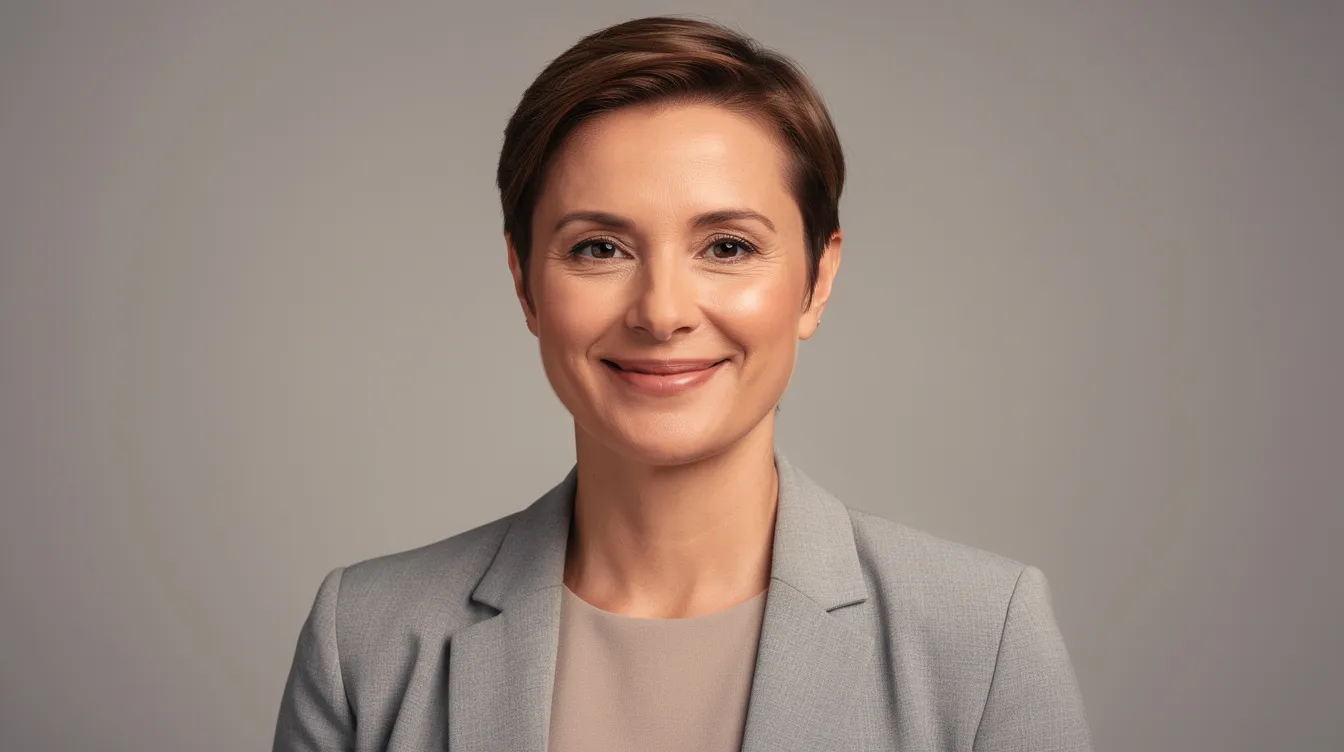 This image features a professional headshot of a person in business casual attire, set against a soft light gray studio background with warm lighting. The individual has a relaxed expression, making it a suitable choice for team pages or personal branding photography, particularly for startups and business professionals in NYC.