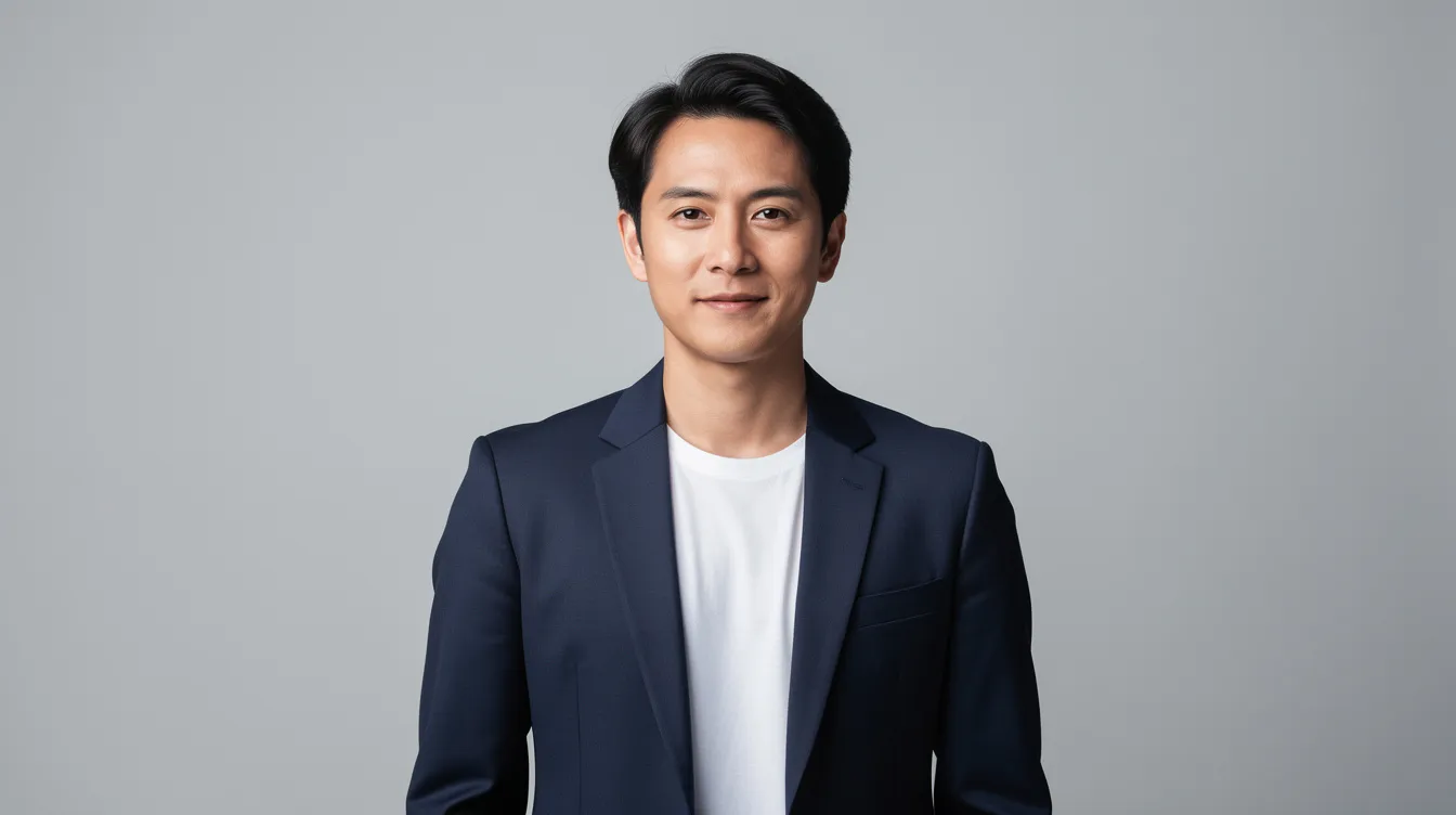 The image features a business professional wearing a clean navy blazer and a simple white shirt, standing confidently in front of a light backdrop in a photography studio. This professional headshot captures the essence of personal branding photography, ideal for team pages and corporate headshots in the NYC startup scene.