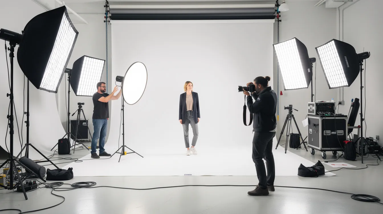 The image shows a behind-the-scenes view of a professional photo shoot in a bright studio, featuring advanced lighting equipment and a person posing for their corporate headshot. The setting emphasizes the importance of personal branding photography for business professionals and startup teams in NYC.