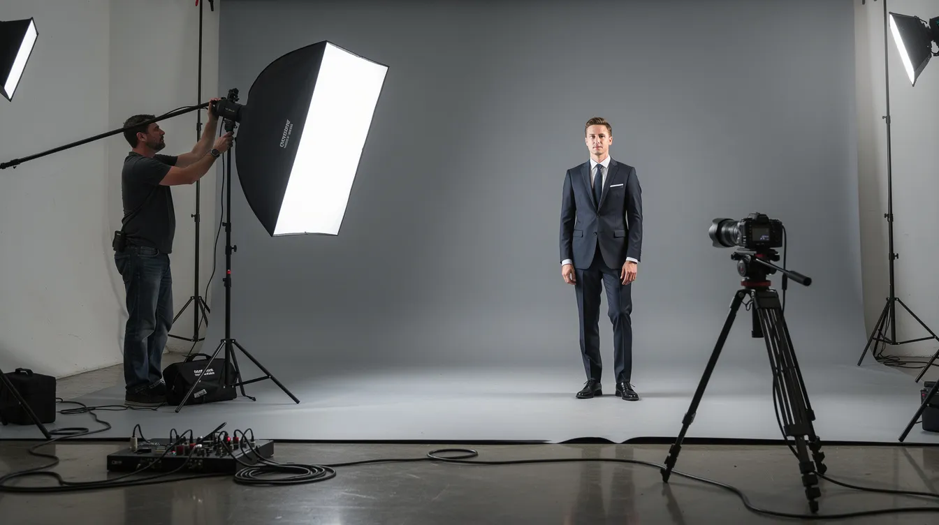 A professional photographer is adjusting studio lighting for an attorney in a dark suit, who is standing confidently in front of a neutral gray backdrop. This setup highlights the importance of good lighting in creating professional lawyer headshots that convey credibility and expertise for law firm websites.