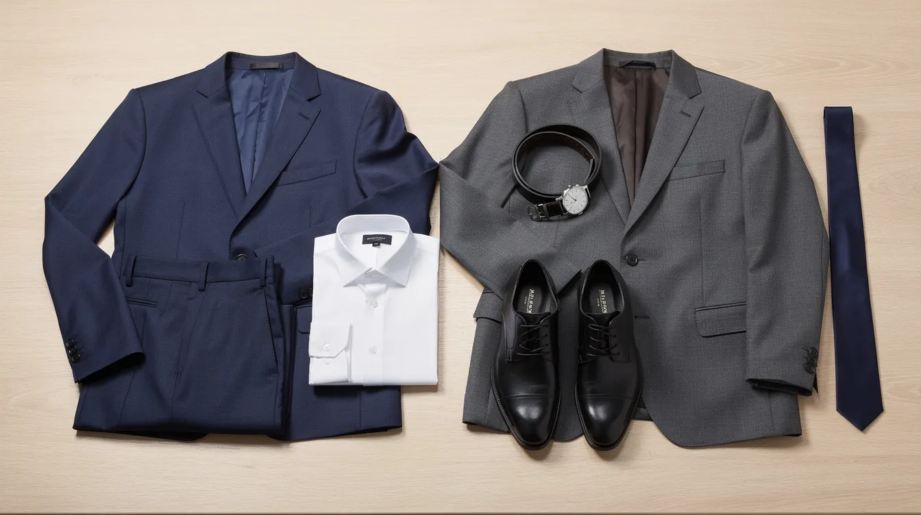 The image features two neatly laid out professional suits on a table, one navy and one charcoal, accompanied by a crisp white shirt and simple accessories. This arrangement suggests a polished and cohesive look, ideal for attorney headshots that convey professionalism and credibility in a law firm setting.