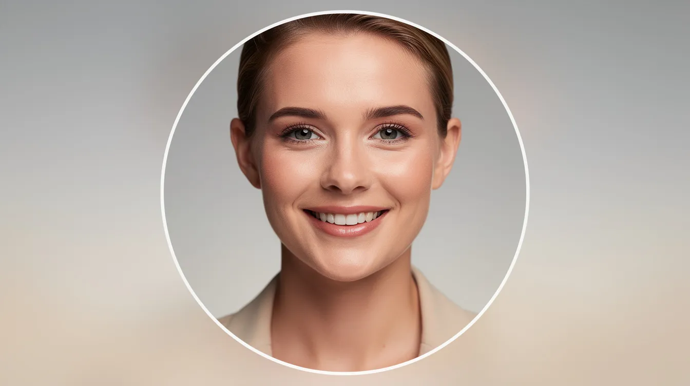 A close-up of a confident person's face is centered within a circular crop, set against a soft neutral background, exemplifying the ideal framing for professional lawyer headshots. This image captures the essence of a polished and professional look, perfect for LinkedIn profiles or law firm websites, conveying expertise and credibility to prospective clients.