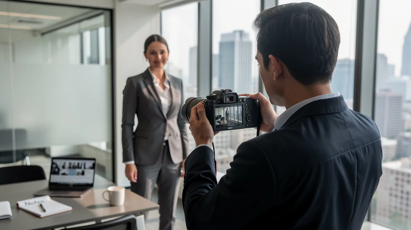 A professional photographer is reviewing images on the back of a camera in a modern office setting, where a well-dressed attorney stands nearby, with stunning city views visible through the window. This scene captures the essence of creating professional lawyer headshots that convey confidence and credibility for firm websites and prospective clients.