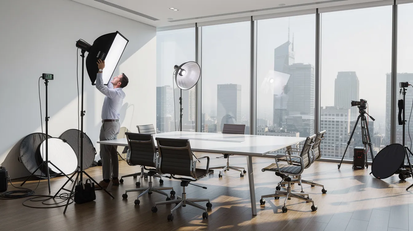 A photographer is setting up professional lighting equipment in a modern conference room with floor-to-ceiling windows that showcase a city skyline. This environment is ideal for capturing polished headshots for financial professionals, ensuring they present a confident and professional image.