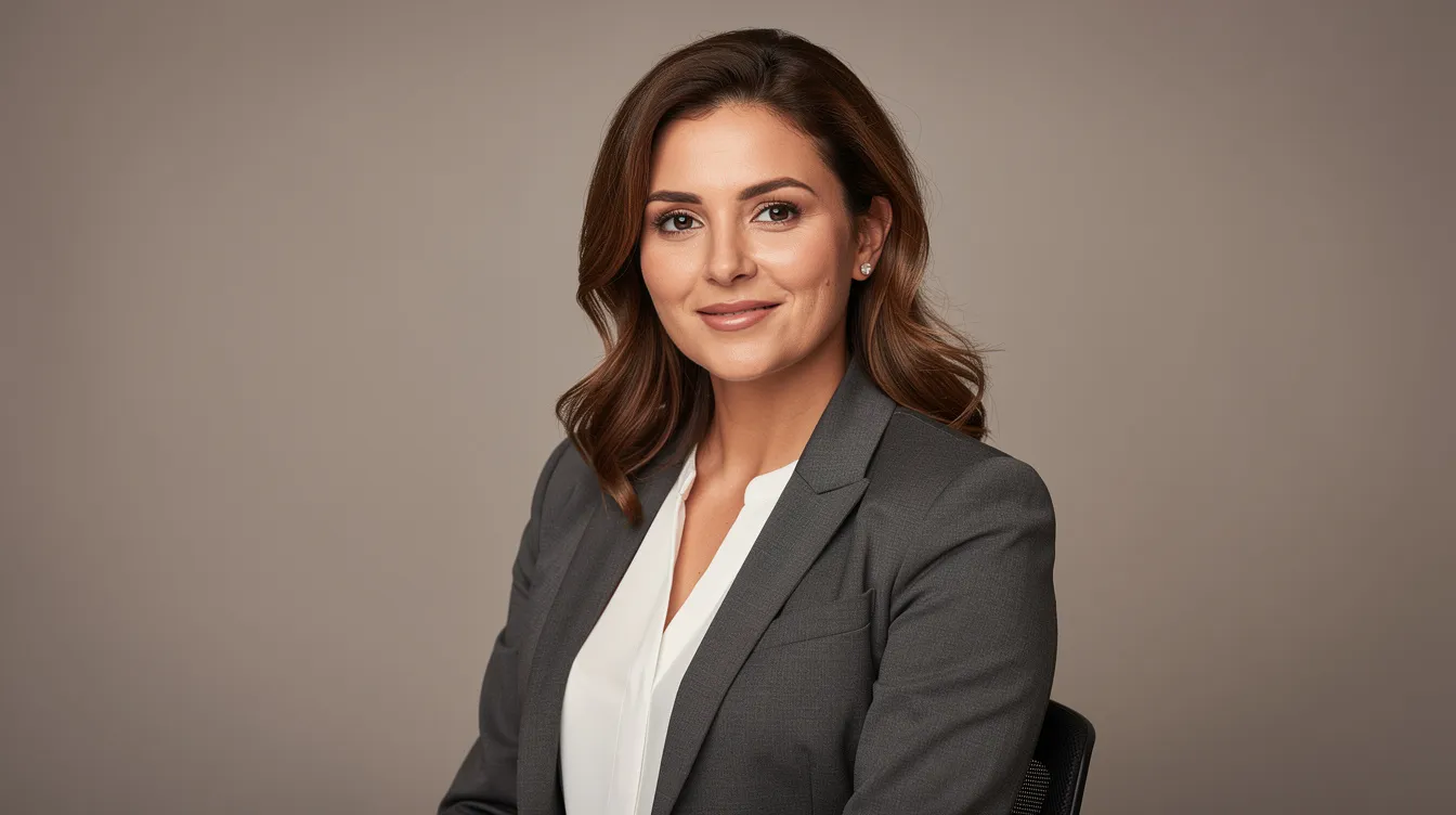 A woman dressed in a charcoal blazer and white blouse is seated in a professional photography setting, illuminated by soft, even lighting. This image captures the essence of polished business headshots, ideal for financial professionals and corporate branding.