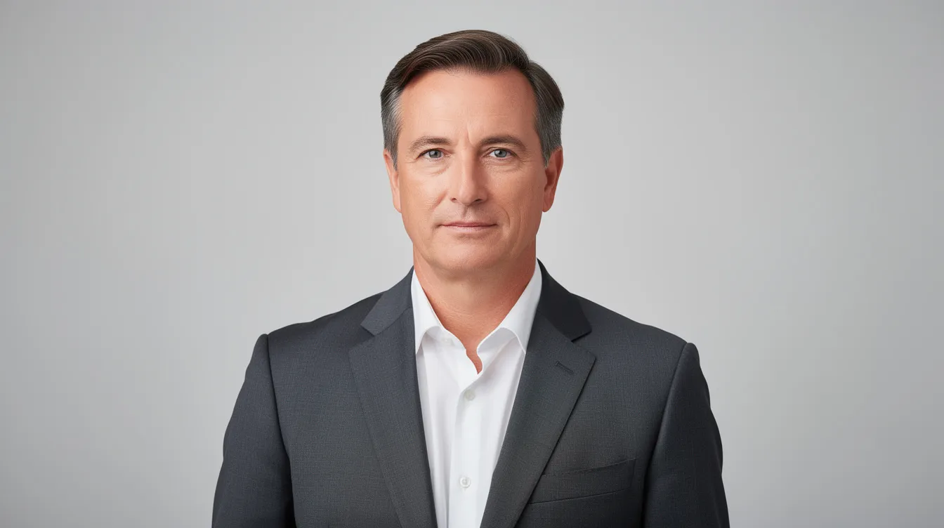 A senior executive in a dark suit stands confidently against a clean light gray background, captured with professional studio lighting that creates subtle shadows, exemplifying polished business headshots suitable for finance professionals and corporate branding. This image reflects a strong professional presence, ideal for use in investor presentations or LinkedIn profiles.