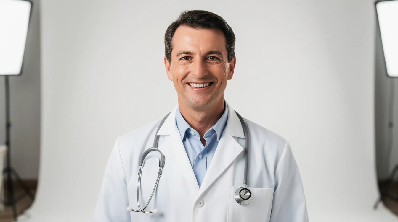 A smiling physician in a white coat poses naturally in a bright photography studio, illuminated by softbox lighting, showcasing a professional and approachable demeanor ideal for healthcare headshots. This image represents the quality and warmth necessary for medical professionals' portraits, making it suitable for clinic websites and hospital profiles.