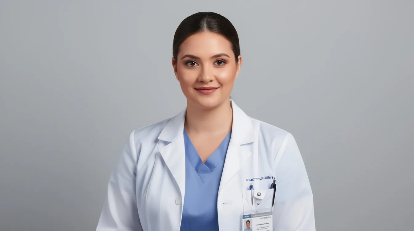 A healthcare professional is seated for a headshot against a light gray backdrop, illuminated by soft studio lighting, conveying a professional and approachable demeanor. This image exemplifies the quality of medical headshots, suitable for use in clinic websites and healthcare organization profiles.