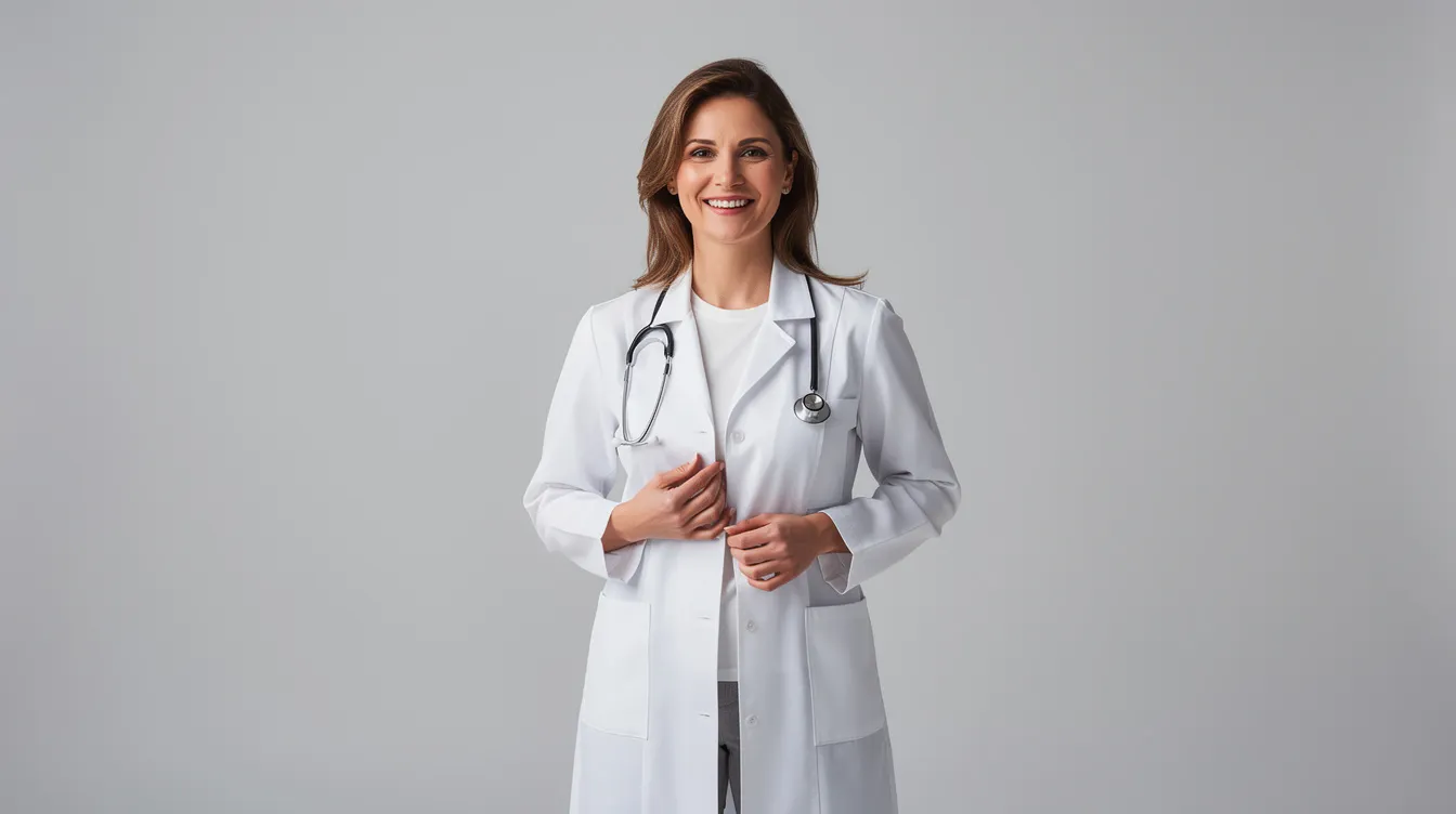 A doctor is captured in a professional headshot, showcasing a natural smile while adjusting their posture in front of a photography backdrop. The image reflects a warm and calm demeanor, ideal for healthcare providers looking to enhance their professional image.