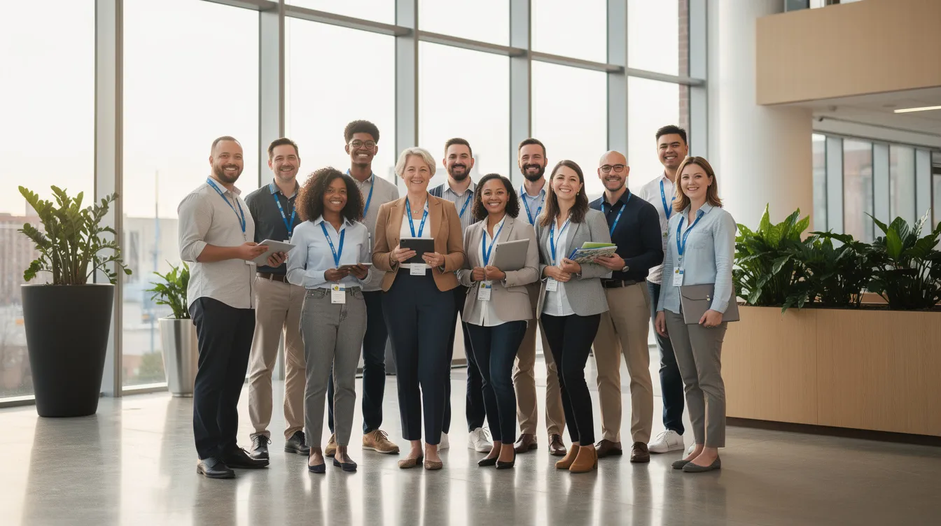A diverse group of nonprofit team members stands together in a bright, modern office lobby featuring large windows that let in natural light. They are smiling, showcasing a sense of community and collaboration, embodying the vision and love for their work in NYC.