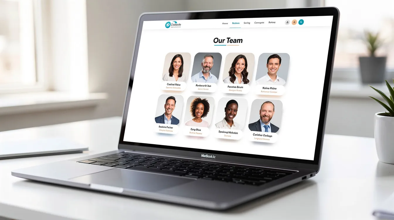 The image shows a laptop screen featuring a grid of professional staff headshot thumbnails on a nonprofit website, showcasing a diverse team dedicated to community service and collaboration. Each portrait reflects the organization's vision and love for making a positive impact in the world.