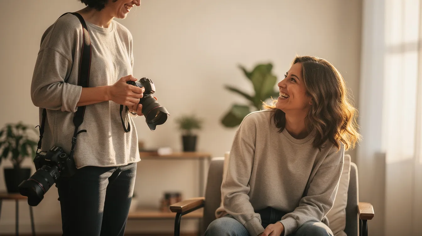 A photographer engages in a friendly conversation with a smiling subject in a cozy indoor space, creating a relaxed atmosphere before capturing their portrait. This moment reflects the sense of community and teamwork that defines the world of photography in NYC.