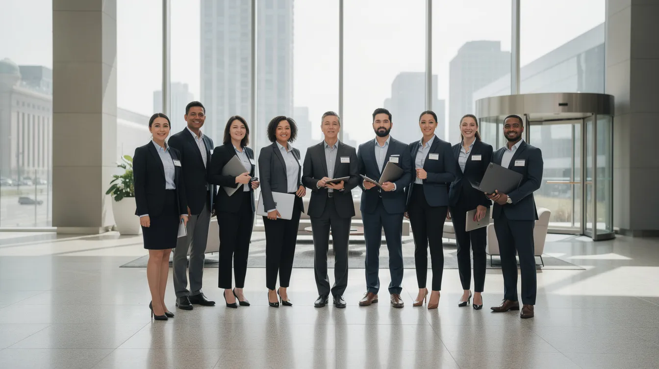 A group of business professionals, dressed in coordinated dark blazers and light shirts, stands together in a modern office lobby, exuding professionalism and confidence. This image captures the essence of real estate agents presenting a strong personal brand in a corporate setting, ideal for marketing assets and professional headshots.