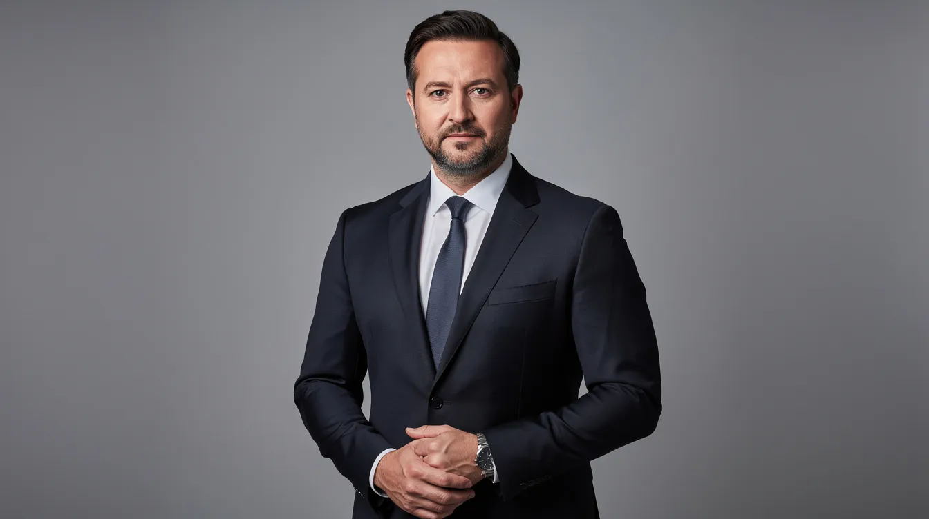 A confident consultant in a dark tailored suit stands against a neutral gray studio backdrop, illuminated by soft directional lighting. This professional headshot captures the essence of personal branding, ideal for corporate materials and firm websites.