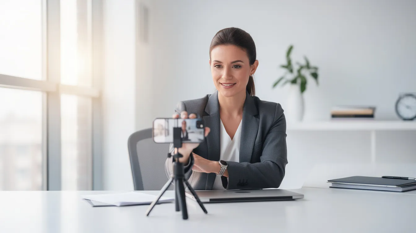 A professional is seated by a bright window, using a smartphone mounted on a small tripod to capture a headshot with natural light. This setup is ideal for producing studio quality headshots, perfect for team members in remote teams looking to maintain brand consistency.