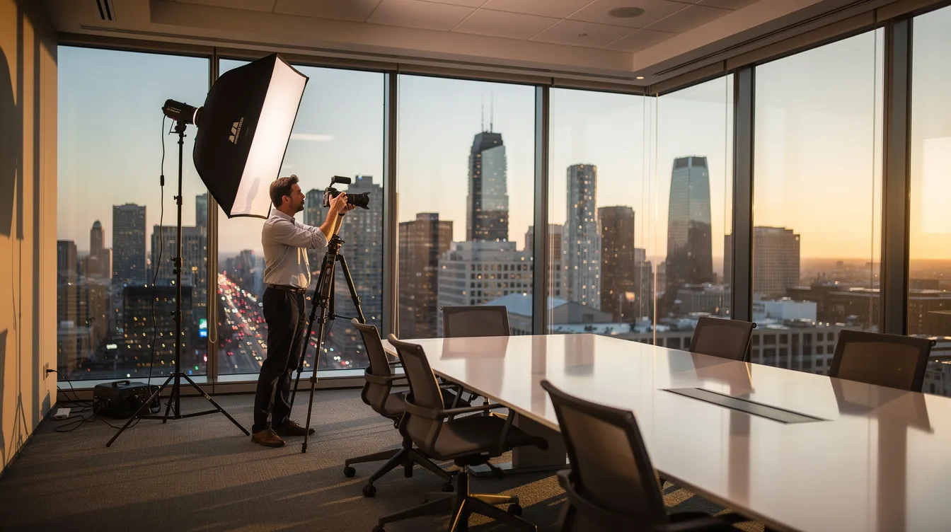 A professional photographer is adjusting studio lighting in a sleek corporate conference room featuring floor-to-ceiling windows that showcase a vibrant New York City skyline. This setting is ideal for capturing high-quality headshots and portraits, making it perfect for business professionals and actors looking to enhance their portfolios.