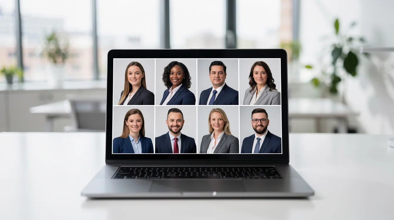 The image features a row of professional headshot portraits displayed on a laptop screen, set against the backdrop of a brightly lit office environment. This setup emphasizes the importance of high-quality headshot photography for actors and professionals in New York City, showcasing their expertise and personality for marketing materials.
