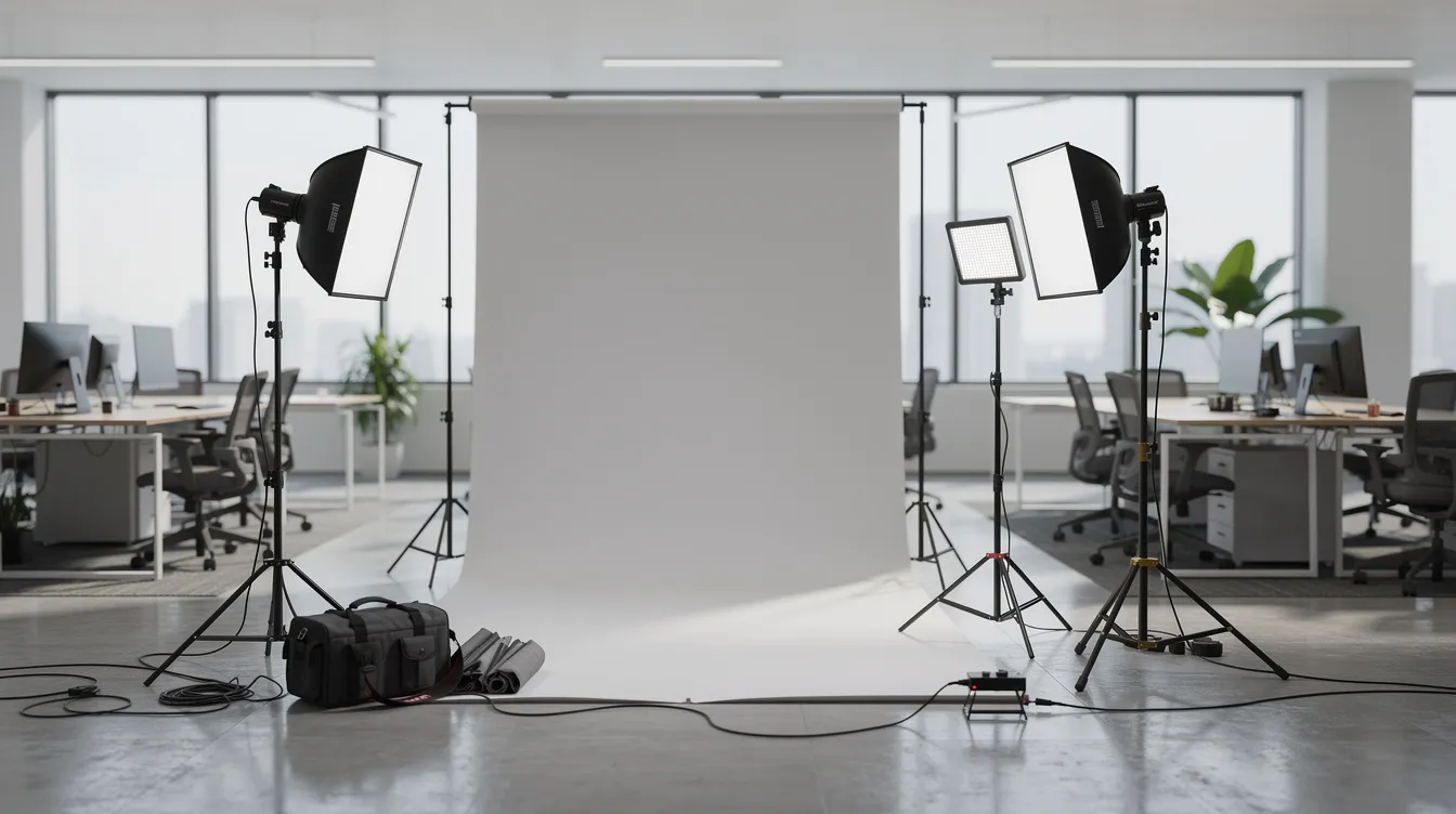 The image features a photographer's portable lighting equipment and a seamless backdrop set up in a spacious open-plan office, with desks visible in the background, ideal for professional headshots and actor headshots. This versatile location shoot emphasizes the importance of quality lighting and backdrop in capturing impressive portraits for marketing materials in New York City.