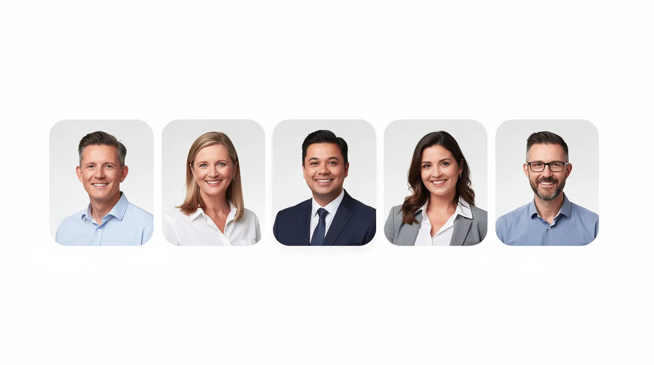 The image features a series of professional team headshots arranged in a neat grid on a clean website layout, all set against matching light gray backgrounds. This uniform backdrop enhances visual consistency and professionalism, making the headshots ideal for corporate branding and online profiles.