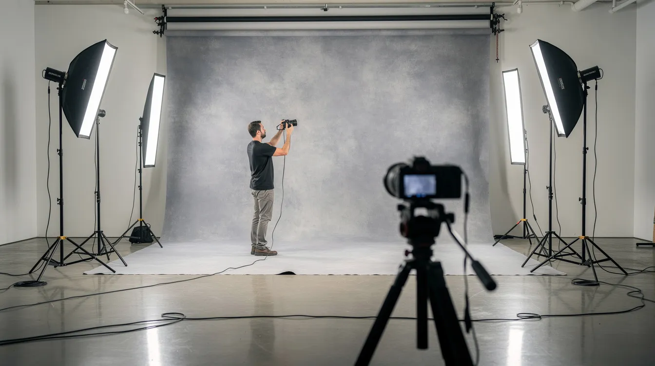 A professional photographer is adjusting studio lights in front of a softly textured gray backdrop, creating an ideal setting for headshot photography. The clean lines and subtle texture of the background enhance the overall visual interest, making it suitable for corporate headshots and personal branding.