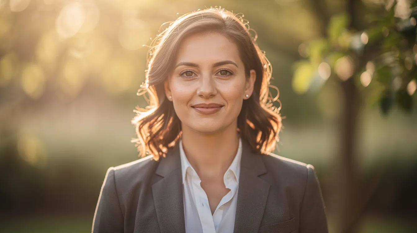 A professional stands outdoors in open shade during golden hour, with softly blurred green foliage creating an environmental background that adds visual interest to the headshot. The warm lighting enhances the overall professional image, making it a great choice for corporate headshots or personal branding.