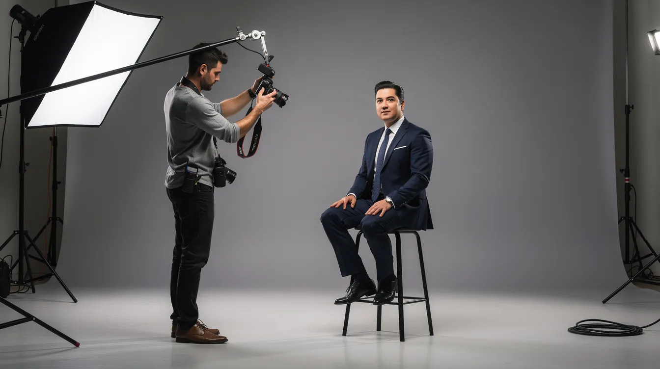 A professional photographer is adjusting studio lighting while a person in business attire sits on a stool against a neutral gray backdrop, preparing for a professional headshot that will enhance their image as a board member in a nonprofit organization. The setup emphasizes the importance of clear and impactful visuals for leadership roles within the community.