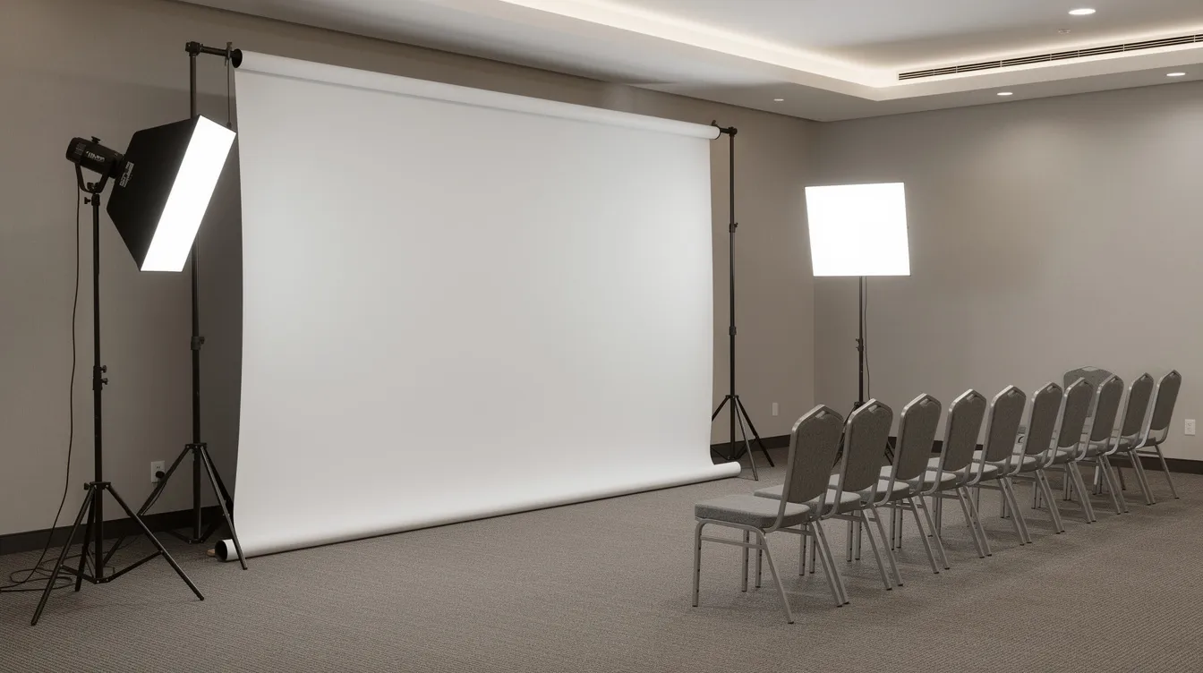 The image features a photography backdrop stand with softbox lights set up in a conference room, adjacent to a row of empty chairs, creating a professional environment ideal for capturing headshots of nonprofit board members. This setup highlights the importance of visual representation in supporting the organization's mission and leadership.