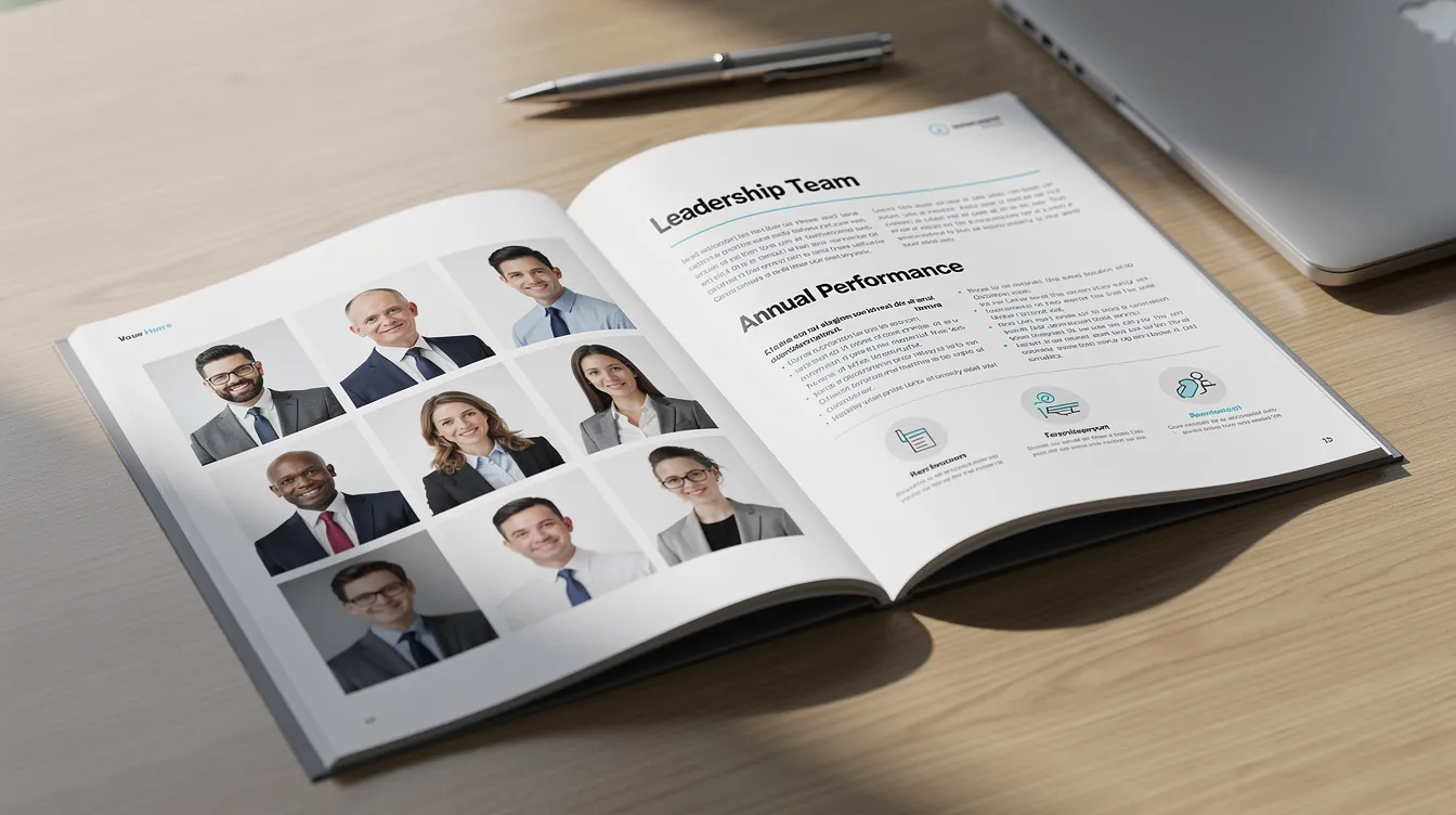 The image shows a printed annual report open on a desk, featuring a grid of professional headshots of nonprofit board members alongside text detailing the organization's mission and success. This layout highlights the crucial role of leadership in supporting community initiatives and enhancing the organization's impact.