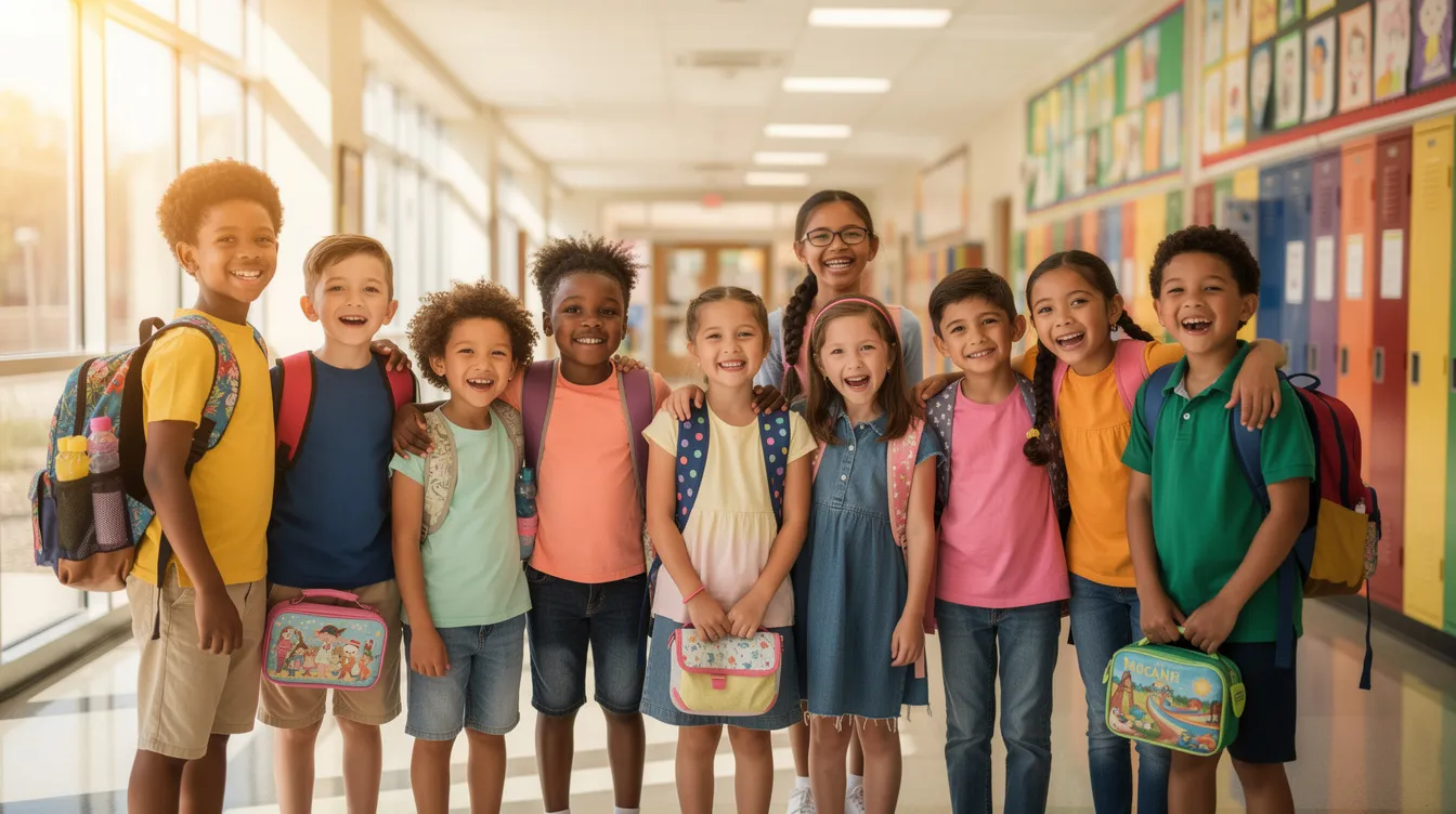 A diverse group of elementary students is smiling naturally in a brightly lit school hallway, capturing the joyful spirit of picture day in NYC. This moment reflects the vibrant energy of young New Yorkers, showcasing their personalities and the fun of school life.