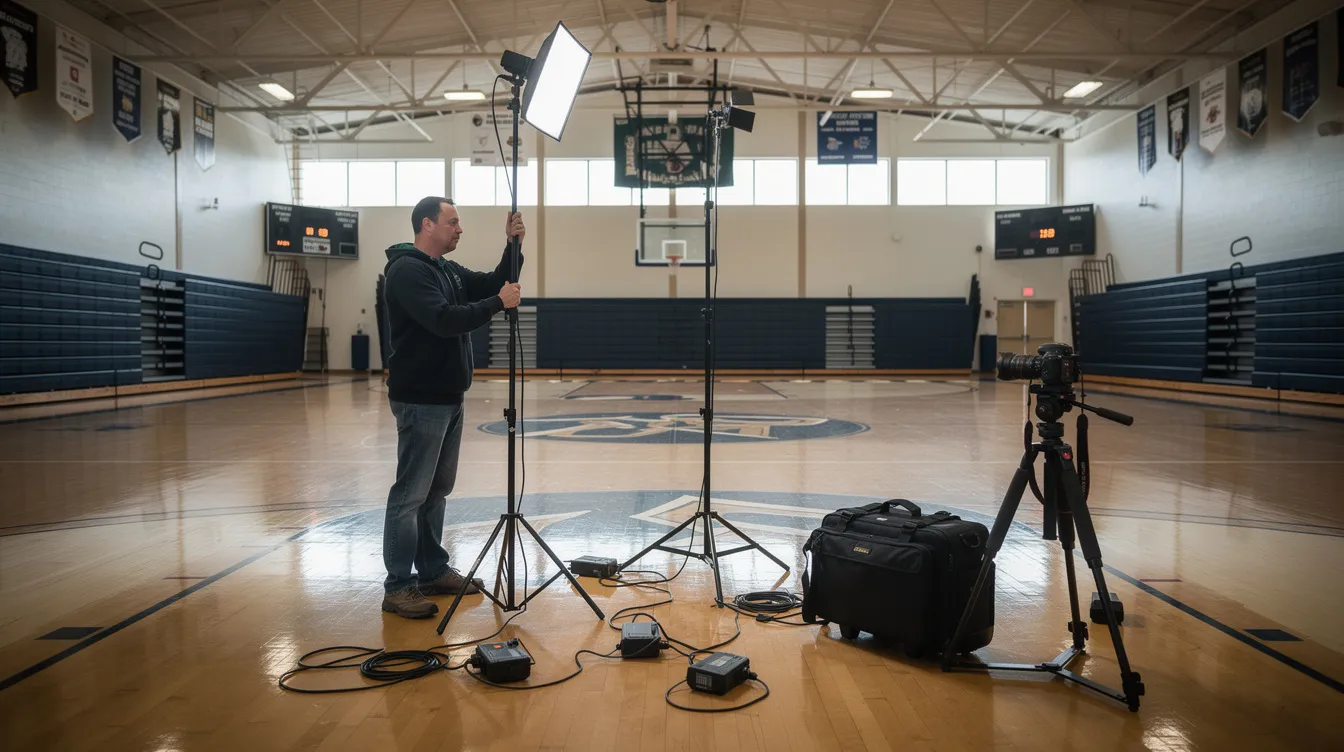 A photographer is setting up portable lighting equipment inside a school gymnasium, preparing for a picture day event. The scene captures the organized atmosphere, showcasing the energy and professional setup that will support students in getting their school portraits taken.