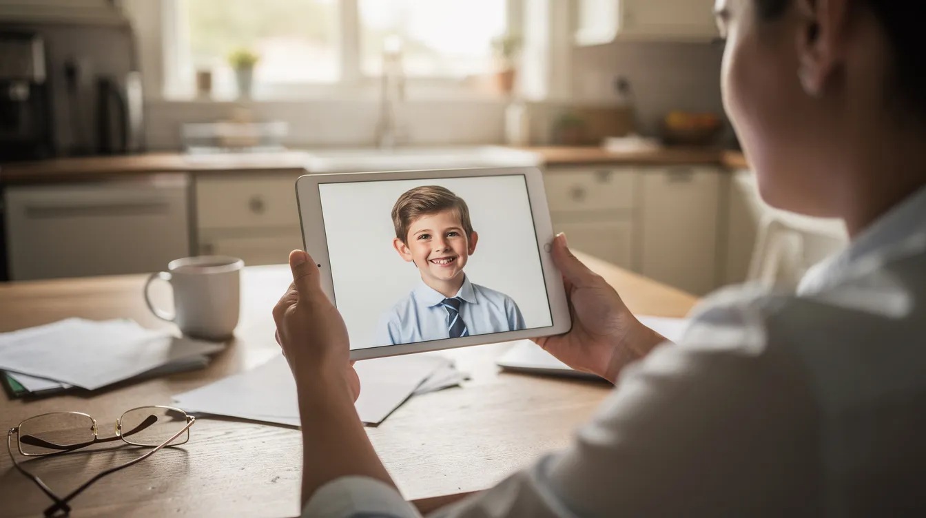 A parent is sitting at a kitchen table, looking at their child's school portrait displayed on a tablet device. The image captures a moment of joy as they review the professionally edited photo, reflecting the fun and stress-free experience of NYC school photography on picture day.