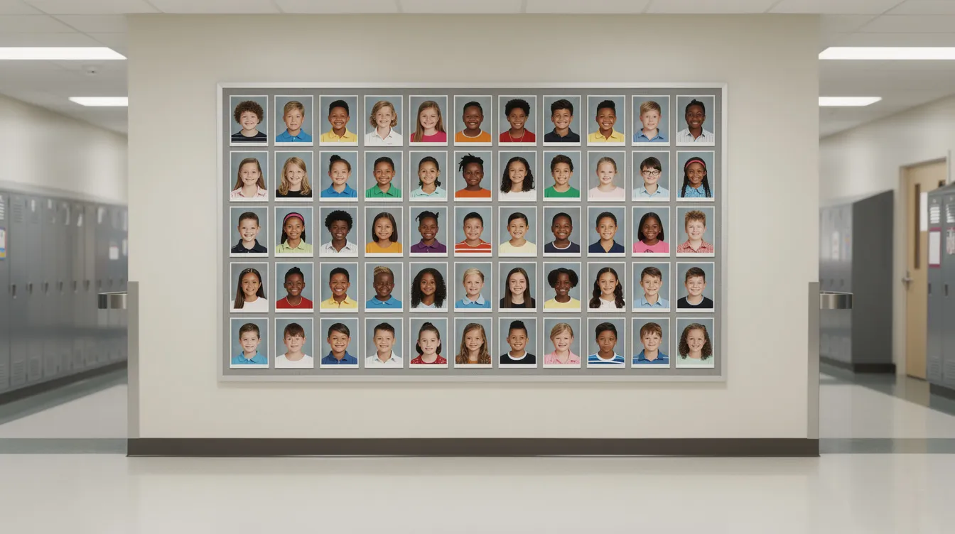 A school hallway bulletin board showcases a neat grid of student portrait photos, highlighting the diversity and energy of NYC school photography. Each edited photo captures a moment of joy and professionalism, celebrating the students' unique personalities on picture day.