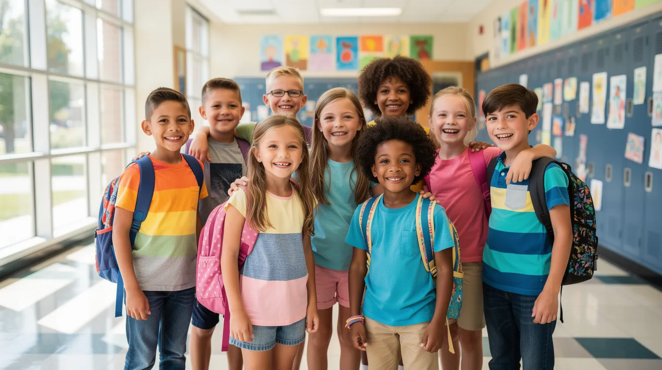 A diverse group of elementary school students is smiling together in a bright school hallway, capturing a joyful moment on school picture day. The children, showcasing their unique backgrounds, stand together as friends and classmates, embodying the spirit of their school community.