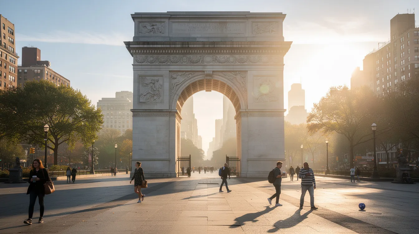 The image captures a wide shot of the Washington Square Park arch bathed in soft morning sunlight, with a few people leisurely walking through the plaza. This serene scene reflects the vibrant energy of NYC, perfect for graduation photos or a memorable day out in the city.