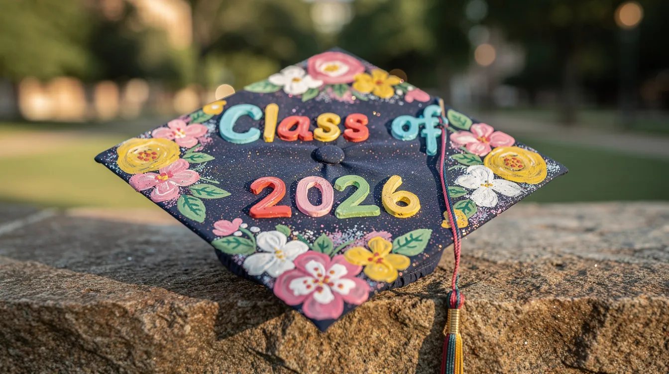 A close-up of a beautifully decorated graduation cap adorned with colorful lettering and floral accents is resting on a stone ledge outdoors, capturing a vibrant moment of celebration in NYC. This image reflects the personality of the graduate and symbolizes their achievements as they prepare for their graduation photo session.