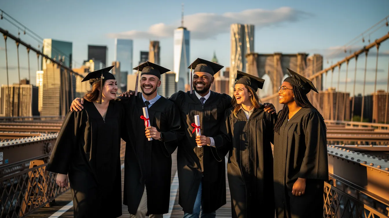 A group of smiling friends, dressed in graduation caps and gowns, joyfully walks across a bridge in New York City with the iconic skyline in the background, capturing a beautiful moment of celebration and achievement. This graduation photo reflects their shared excitement and the milestone of completing their studies.