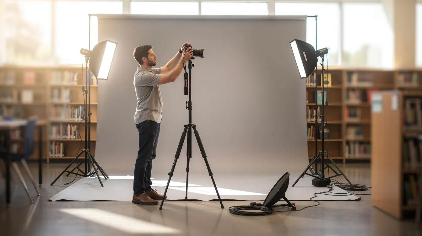 A photographer is adjusting soft studio lighting in a bright school library, preparing a neutral backdrop for individual school portraits on picture day. The setup is designed to create a stress-free environment for students, ensuring high-quality digital images that parents will love.