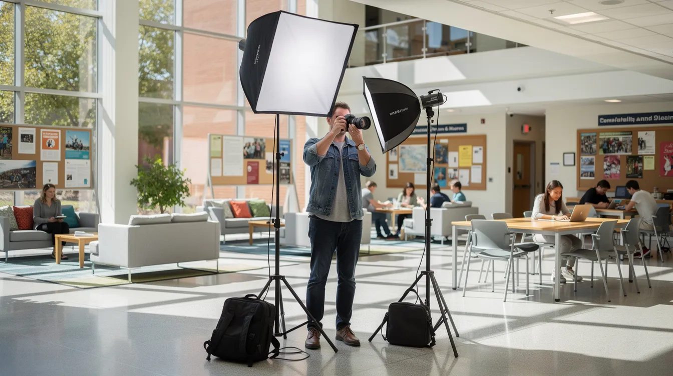 A professional photographer is adjusting lighting equipment in a bright university common area, featuring large windows that allow natural light to flood the space. This setting is ideal for capturing professional headshots of students and faculty, enhancing their image for job searches and career opportunities.