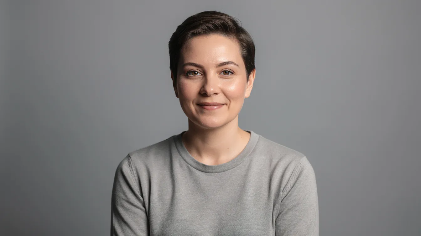 A person poses for a professional headshot in front of a clean grey backdrop, illuminated by soft studio lighting. The image captures the subject's focused expression, dressed in professional attire, ideal for use on a website or LinkedIn profile.