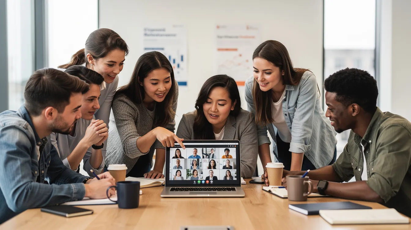 A diverse group of young professionals is gathered in a well-lit campus room, intently reviewing portrait photos on a laptop screen, likely discussing tips for creating the ideal professional headshot for their job search. The atmosphere is collaborative, emphasizing the importance of making a strong impression with a polished professional image.