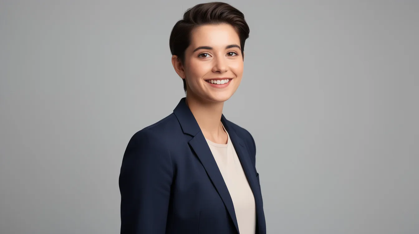 A young professional is posing for a polished headshot in front of a clean, neutral studio backdrop, with soft lighting enhancing their natural smile while wearing a navy blazer. This professional image aims to create a strong first impression for their LinkedIn profile, showcasing confidence and readiness for career opportunities.