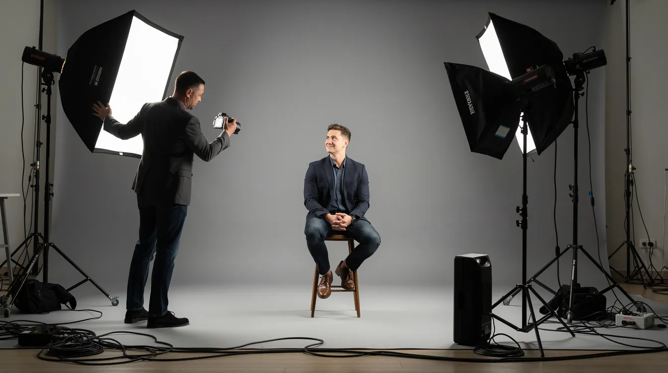 A professional photographer is adjusting studio lighting while a person in a blazer sits on a stool against a neutral gray backdrop, preparing for a faculty and staff headshot session in the photography studio. The atmosphere is focused and professional, ideal for capturing high-quality portraits.