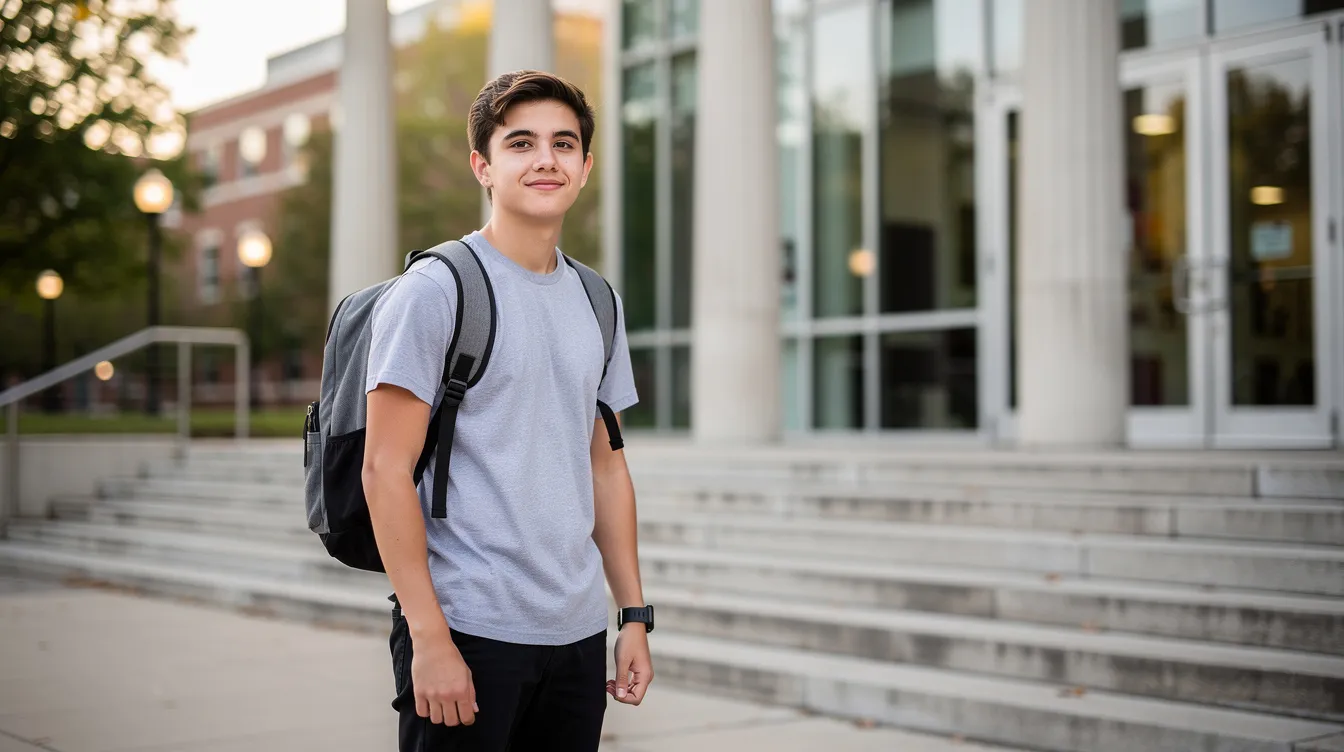 A person in professional attire stands at the entrance of a university building, illuminated by soft natural light, with blurred architectural details in the background, suggesting a faculty or staff headshot setting. The scene captures a welcoming atmosphere typical of academic environments.