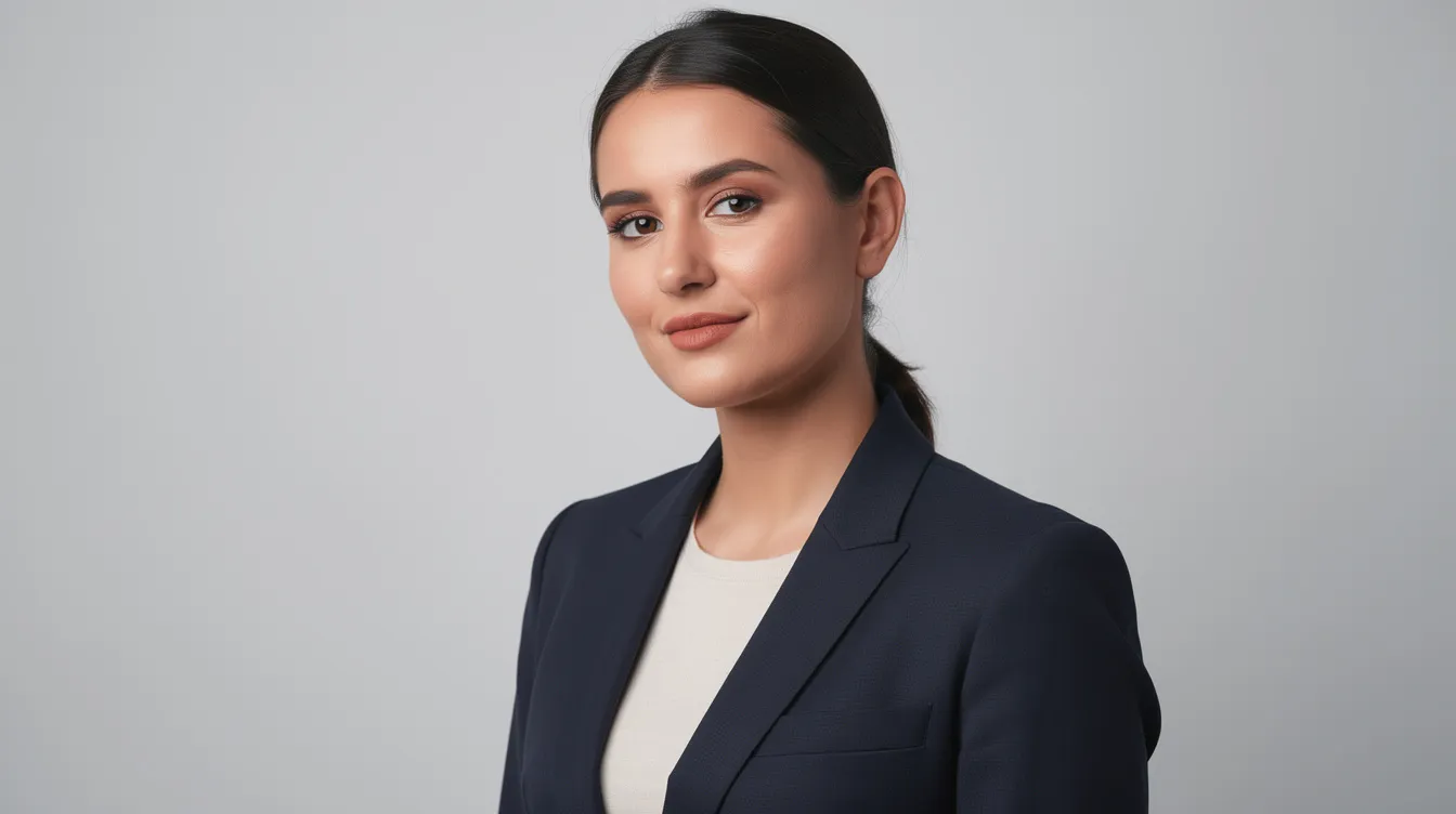 A professional headshot features a person in a dark navy blazer, captured from mid-chest up against a clean light gray backdrop, illuminated by soft studio lighting. This image is ideal for faculty and staff profiles, showcasing professional attire in a photography studio setting.