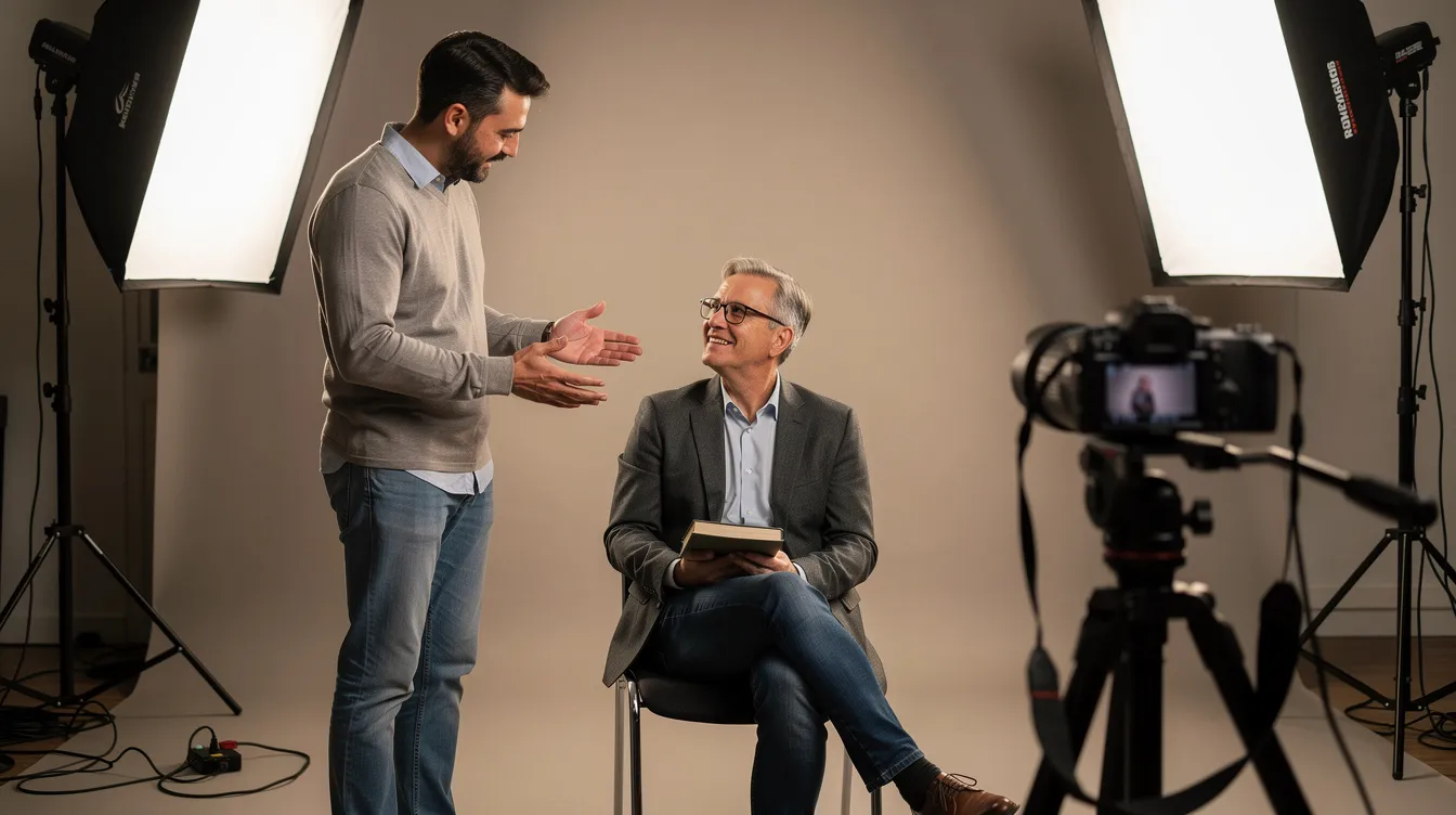 A photographer is gently directing a seated academic in professional attire during a portrait session in a photography studio, with studio lights illuminating the scene. This image captures the essence of faculty and staff headshots, showcasing the collaborative process of creating professional images.
