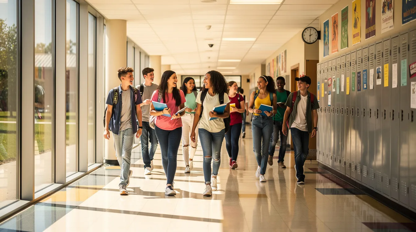 A diverse group of students walks through a sunlit school hallway, showcasing their vibrant energy and excitement for learning. The large windows illuminate the space, reflecting the beauty of their journey as they explore new ideas and collaborate with peers.